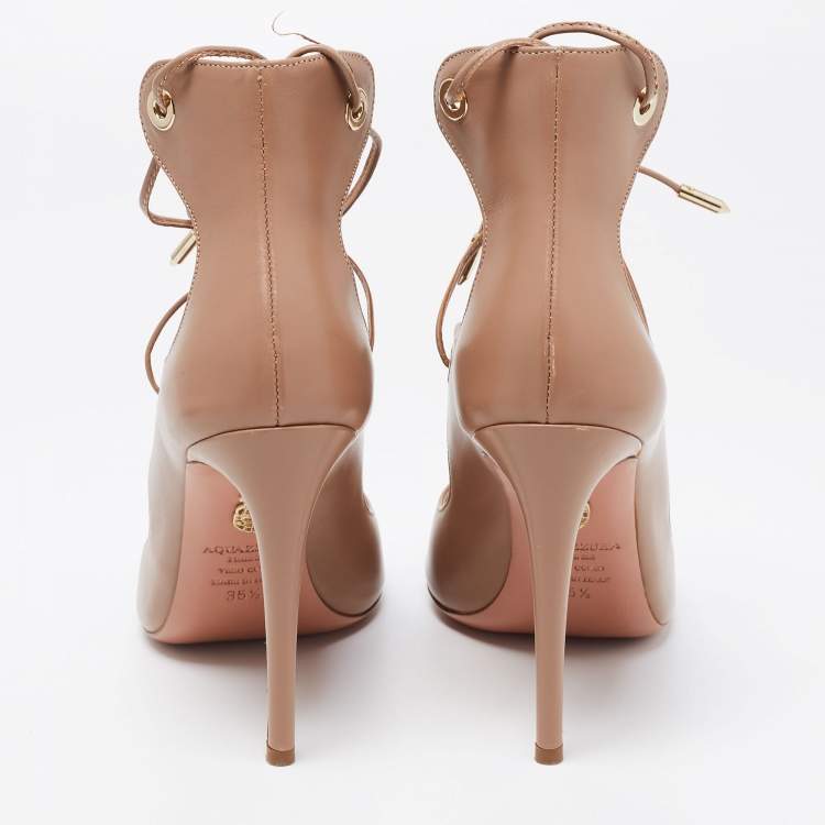 Pre Owned Aquazzura Beige Leather Tango Curvy Lace-Up Sandals Size 35.5 