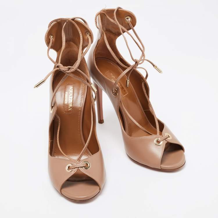 Pre Owned Aquazzura Beige Leather Tango Curvy Lace-Up Sandals Size 35.5 