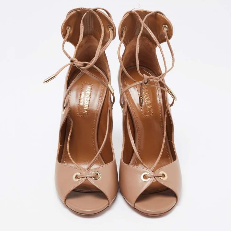 Pre Owned Aquazzura Beige Leather Tango Curvy Lace-Up Sandals Size 35.5 