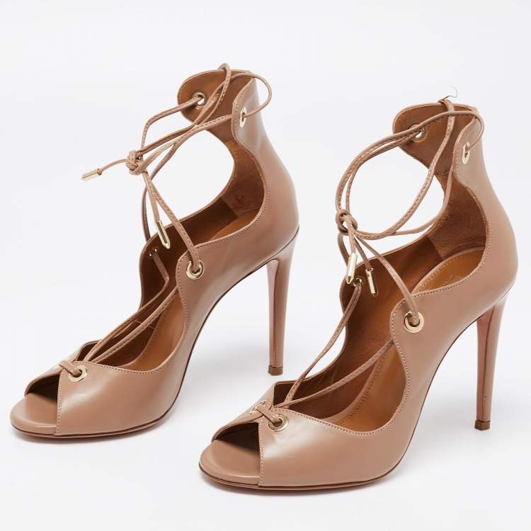 Pre Owned Aquazzura Beige Leather Tango Curvy Lace-Up Sandals Size 35.5 