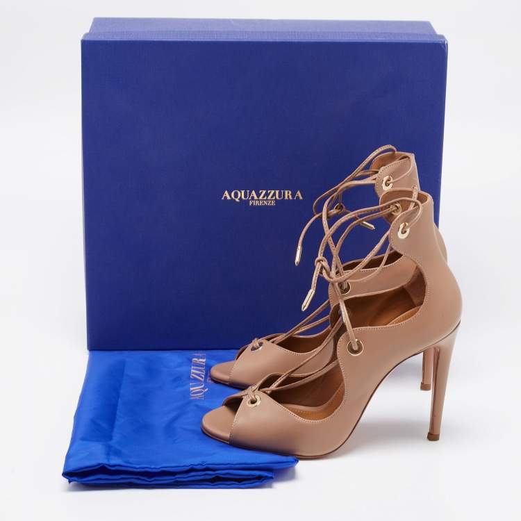 Pre Owned Aquazzura Beige Leather Tango Curvy Lace-Up Sandals Size 35.5 
