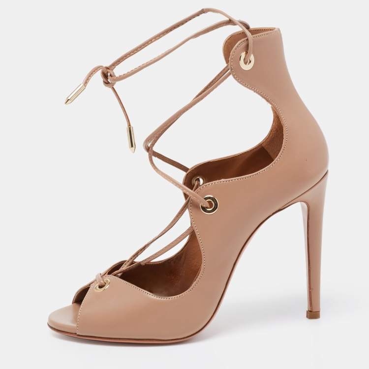Pre Owned Aquazzura Beige Leather Tango Curvy Lace-Up Sandals Size 35.5 