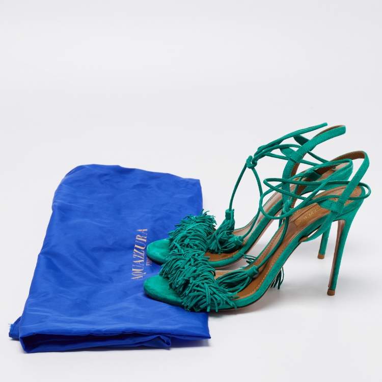 Pre Owned Aquazzura Teal Green Fringed Suede Wild Thing Tasseled Ankle Wrap Sandals Size 38