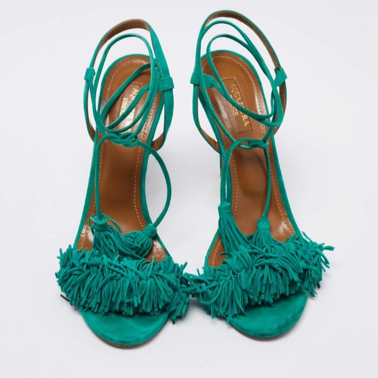 Pre Owned Aquazzura Teal Green Fringed Suede Wild Thing Tasseled Ankle Wrap Sandals Size 38