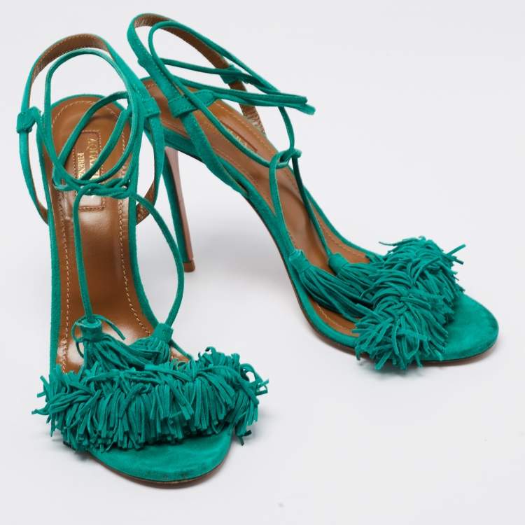 Pre Owned Aquazzura Teal Green Fringed Suede Wild Thing Tasseled Ankle Wrap Sandals Size 38