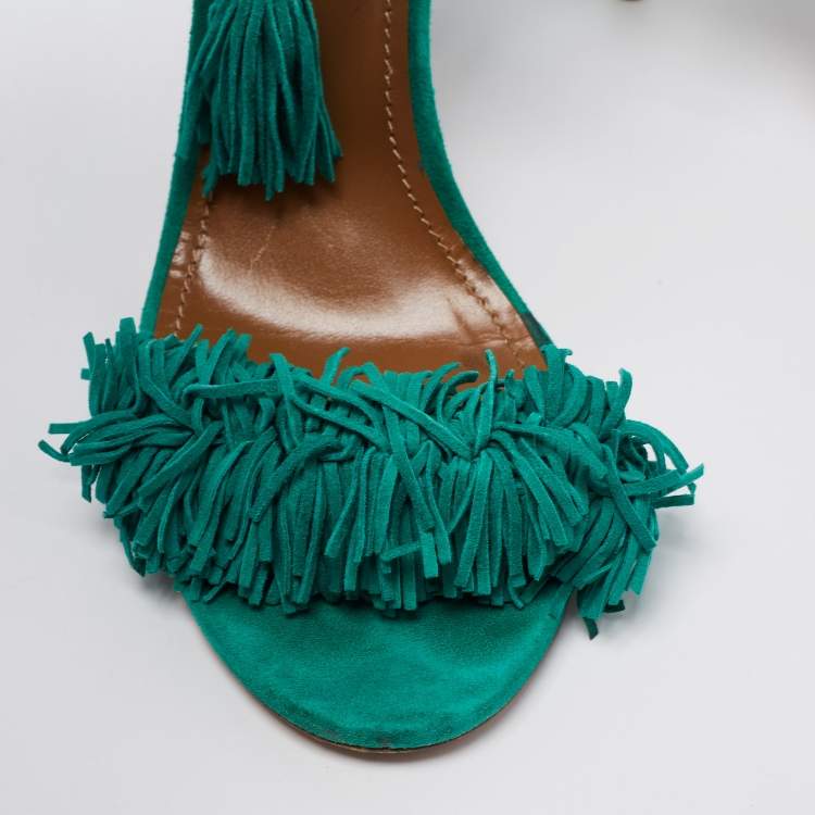 Pre Owned Aquazzura Teal Green Fringed Suede Wild Thing Tasseled Ankle Wrap Sandals Size 38