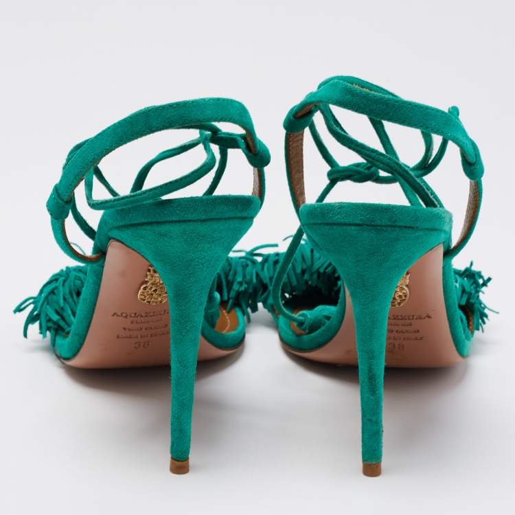 Pre Owned Aquazzura Teal Green Fringed Suede Wild Thing Tasseled Ankle Wrap Sandals Size 38