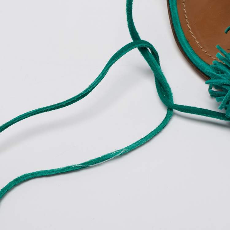 Pre Owned Aquazzura Teal Green Fringed Suede Wild Thing Tasseled Ankle Wrap Sandals Size 38