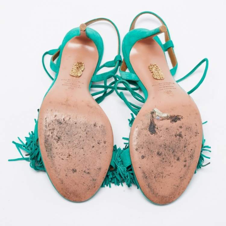 Pre Owned Aquazzura Teal Green Fringed Suede Wild Thing Tasseled Ankle Wrap Sandals Size 38