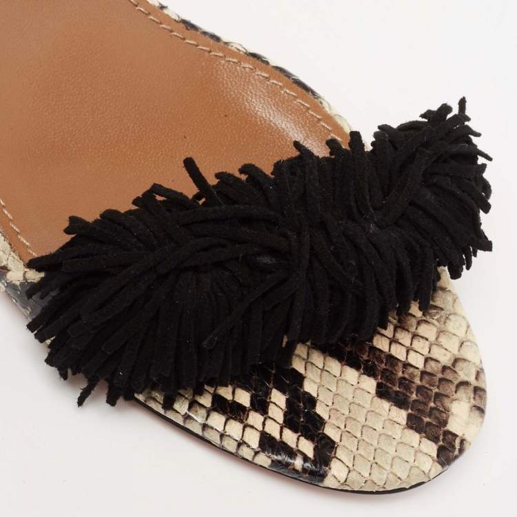 Pre Owned Aquazzura Black/Beige Python Embossed Leather And Fringed Suede Wild Thing Ankle Wrap Sandals Size 38