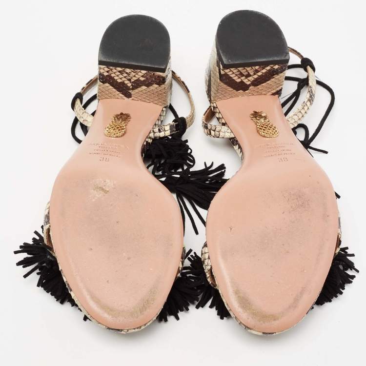 Pre Owned Aquazzura Black/Beige Python Embossed Leather And Fringed Suede Wild Thing Ankle Wrap Sandals Size 38