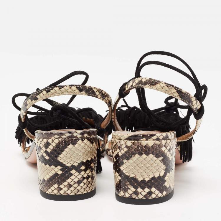 Pre Owned Aquazzura Black/Beige Python Embossed Leather And Fringed Suede Wild Thing Ankle Wrap Sandals Size 38