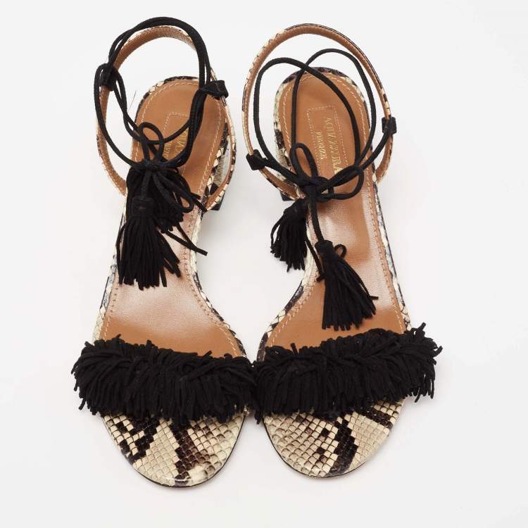 Pre Owned Aquazzura Black/Beige Python Embossed Leather And Fringed Suede Wild Thing Ankle Wrap Sandals Size 38