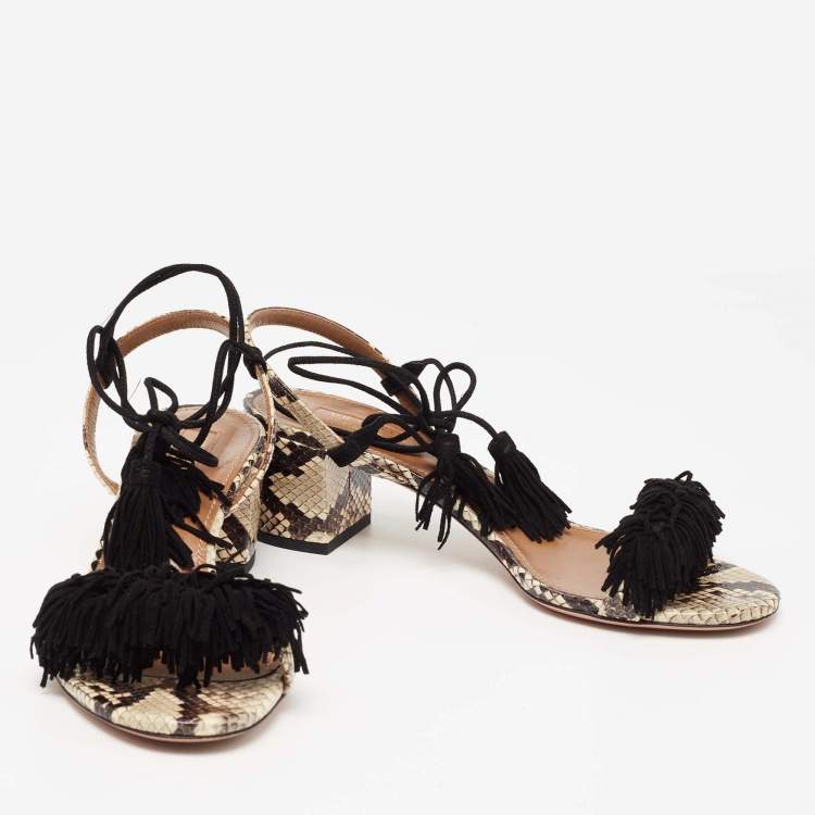 Pre Owned Aquazzura Black/Beige Python Embossed Leather And Fringed Suede Wild Thing Ankle Wrap Sandals Size 38