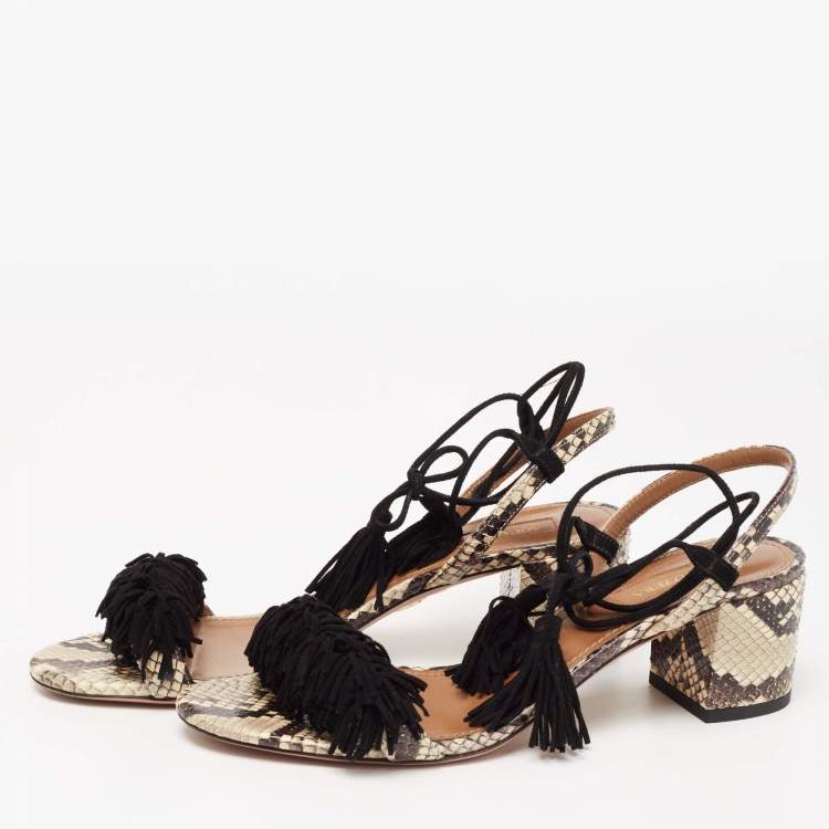 Pre Owned Aquazzura Black/Beige Python Embossed Leather And Fringed Suede Wild Thing Ankle Wrap Sandals Size 38