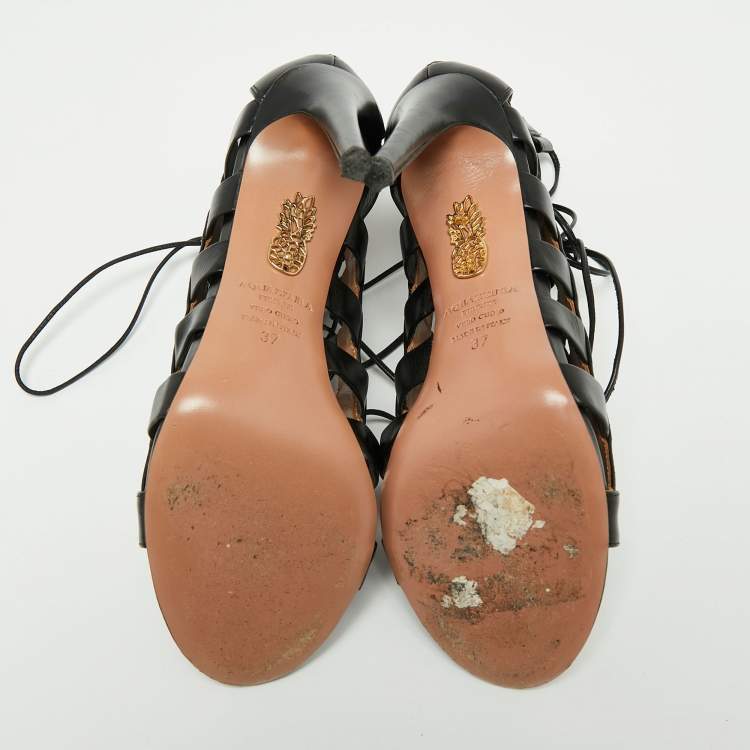 Pre Owned Aquazzura Black Leather Amazon Lace Up Open-Toe Sandals Size 37