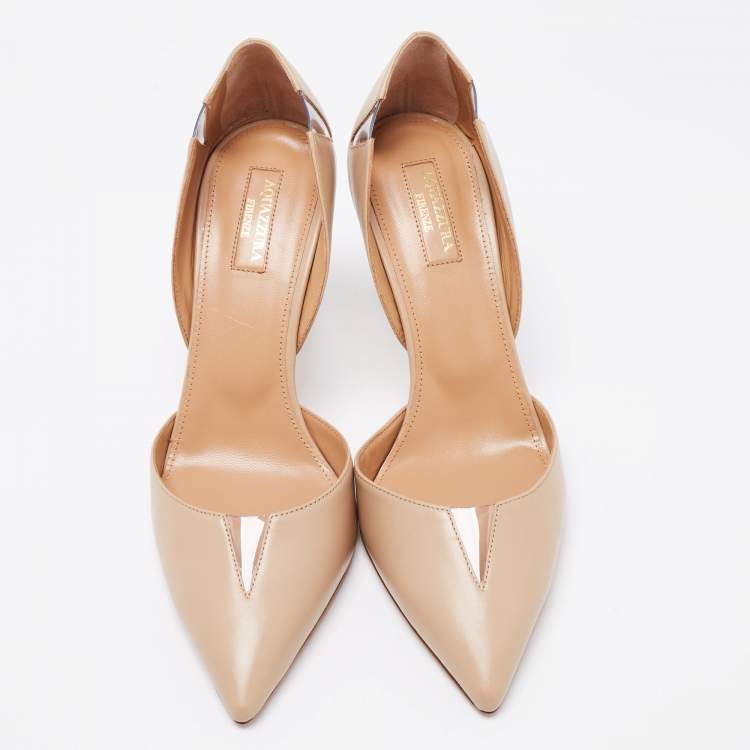 Pre Owned Aquazzura Beige Leather And PVC Pointed Toe Sharp Pumps Size 39