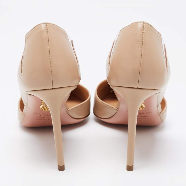 Pre Owned Aquazzura Beige Leather And PVC Pointed Toe Sharp Pumps Size 39