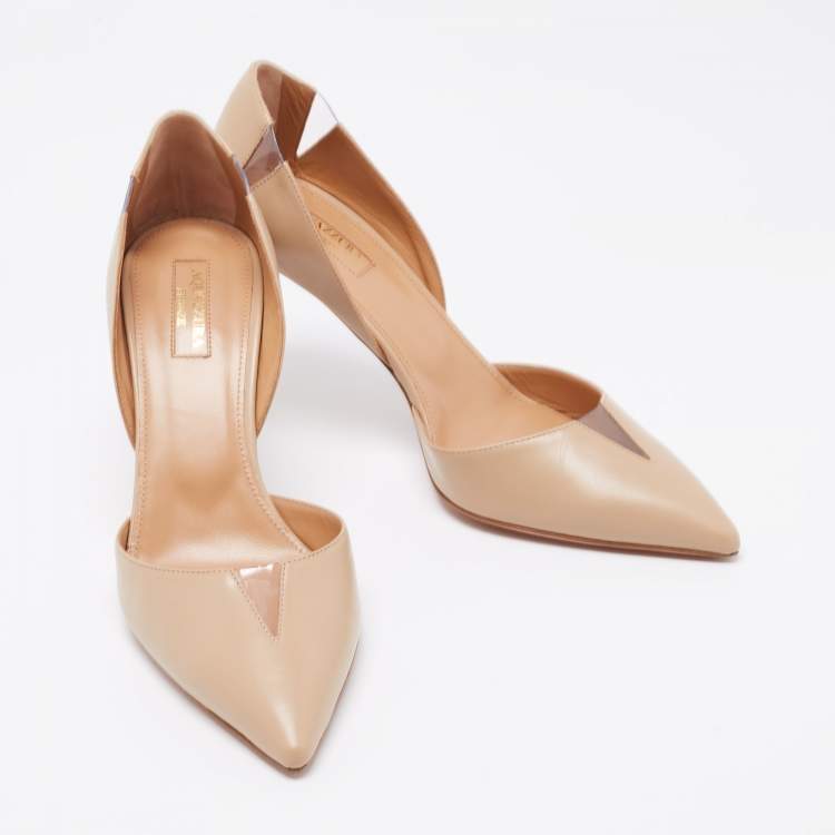 Pre Owned Aquazzura Beige Leather And PVC Pointed Toe Sharp Pumps Size 39