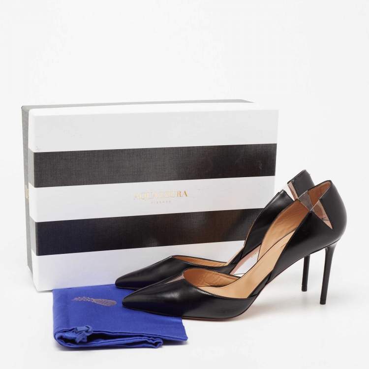 Pre Owned Aquazzura Black Leather And PVC Pointed Toe Sharp Pumps Size 39
