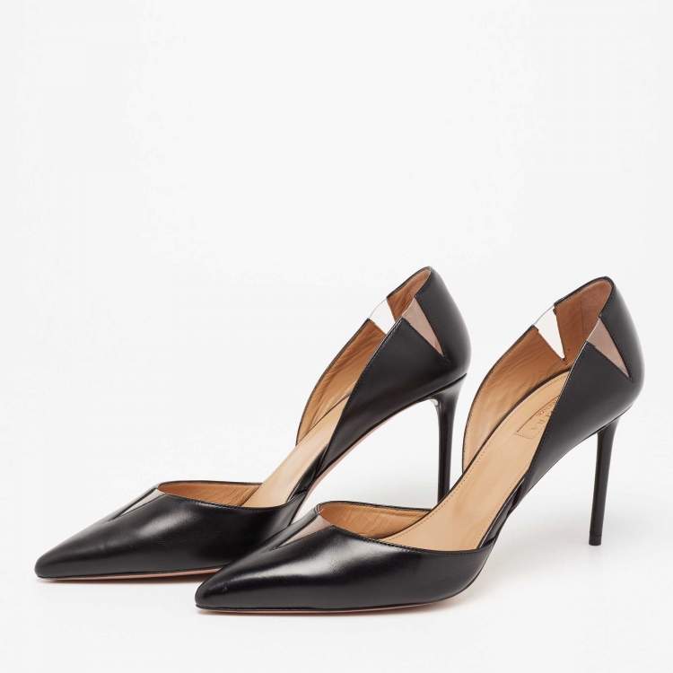 Pre Owned Aquazzura Black Leather And PVC Pointed Toe Sharp Pumps Size 39