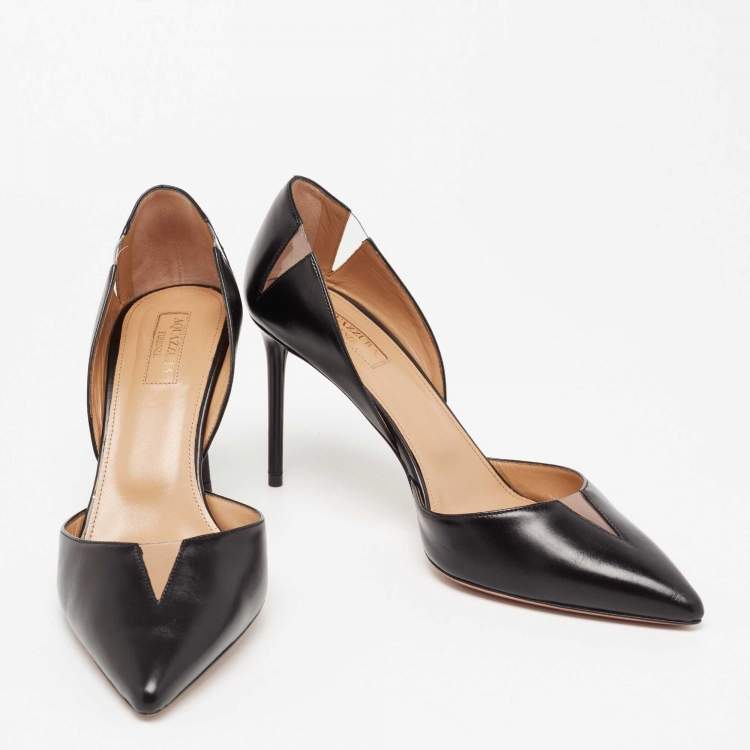 Pre Owned Aquazzura Black Leather And PVC Pointed Toe Sharp Pumps Size 39