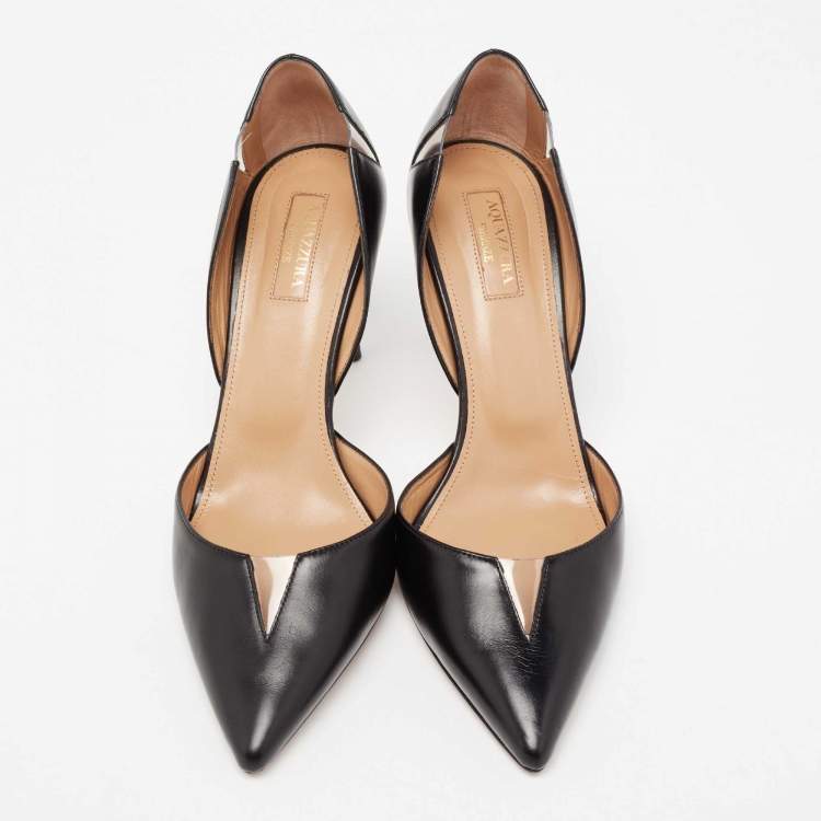 Pre Owned Aquazzura Black Leather And PVC Pointed Toe Sharp Pumps Size 39