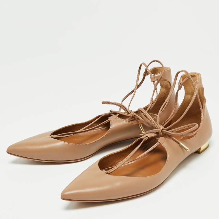 Pre Owned Aquazzura Beige Leather Christy Tie Up Pointed Toe Ballet Flats Size 39