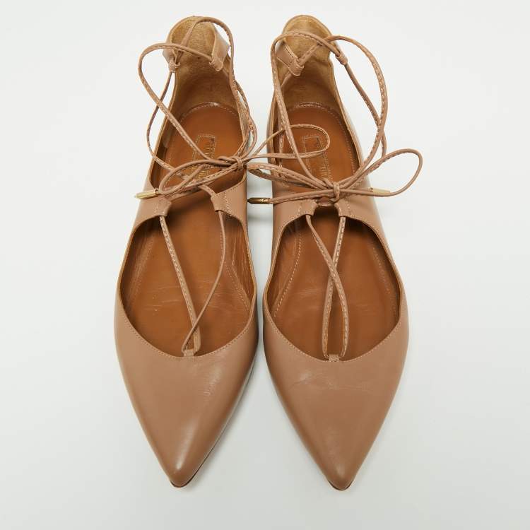 Pre Owned Aquazzura Beige Leather Christy Tie Up Pointed Toe Ballet Flats Size 39