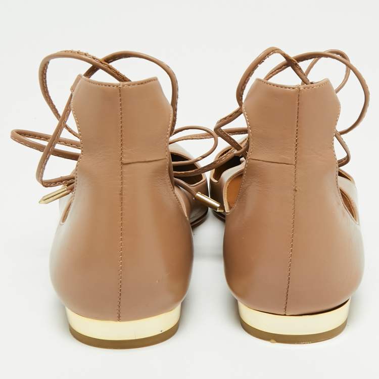 Pre Owned Aquazzura Beige Leather Christy Tie Up Pointed Toe Ballet Flats Size 39