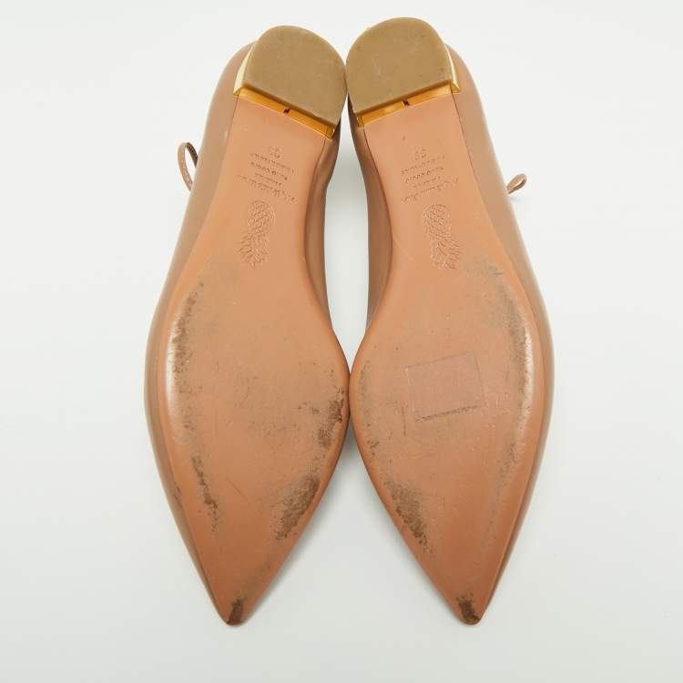Pre Owned Aquazzura Beige Leather Christy Tie Up Pointed Toe Ballet Flats Size 39