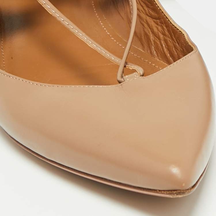 Pre Owned Aquazzura Beige Leather Christy Tie Up Pointed Toe Ballet Flats Size 39