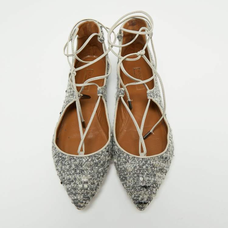 Pre Owned Aquazzura Grey/Black Tweed  Christy Ankle Strap Ballet Flats Size 38.5