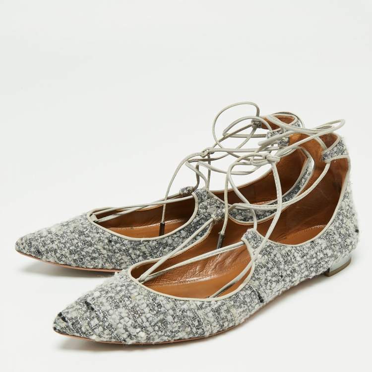 Pre Owned Aquazzura Grey/Black Tweed  Christy Ankle Strap Ballet Flats Size 38.5