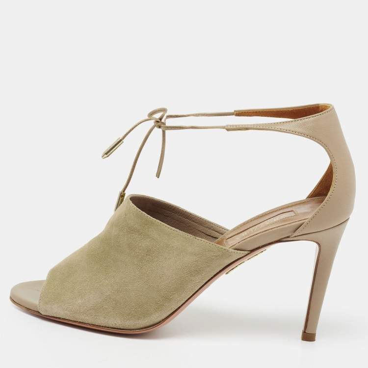 مملوكة مسبقًا Aquazzura Khaki Green Suede Ankle Tie Sandals Size 36