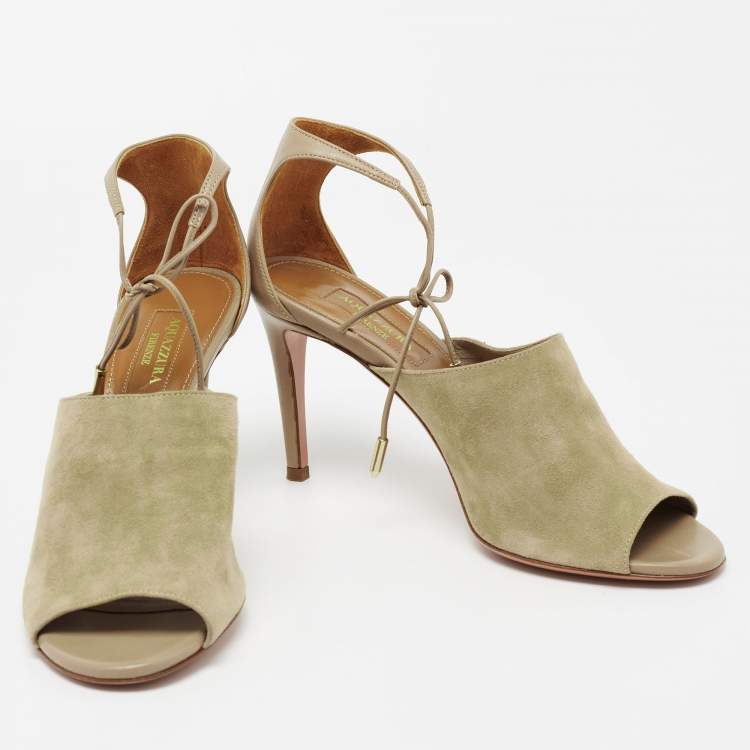مملوكة مسبقًا Aquazzura Khaki Green Suede Ankle Tie Sandals Size 36