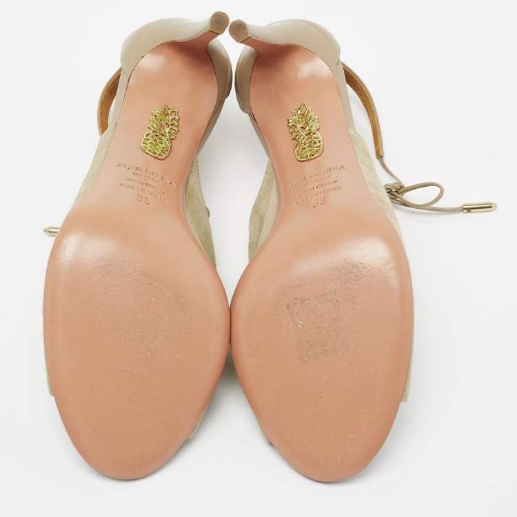 مملوكة مسبقًا Aquazzura Khaki Green Suede Ankle Tie Sandals Size 36