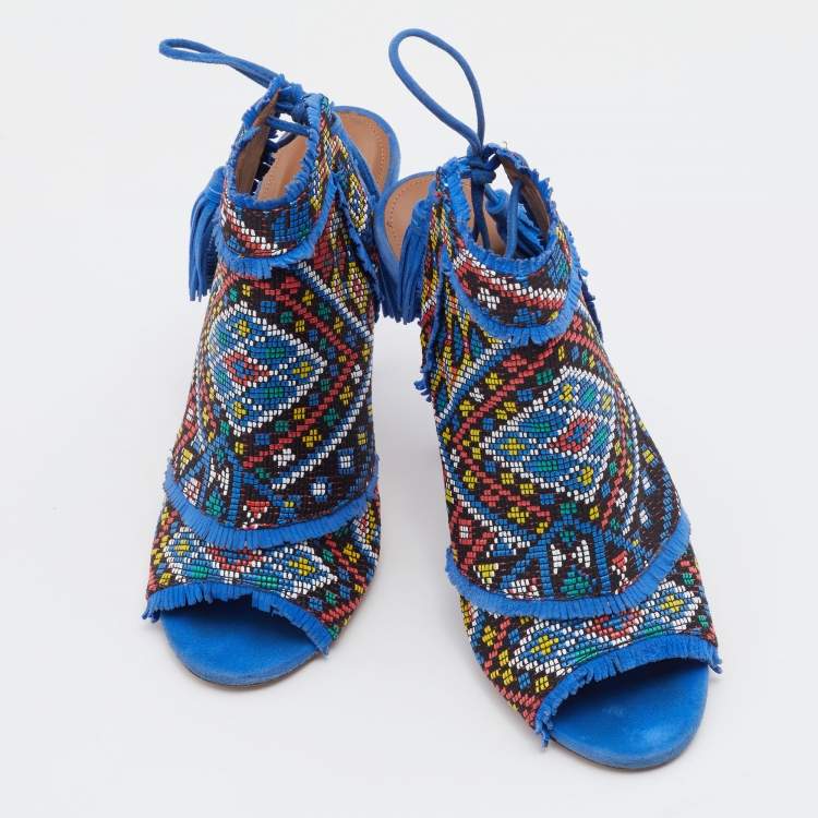 Pre Owned Aquazzura Multicolor Woven Fabric And Raffia Colorado Booties Size 38.5