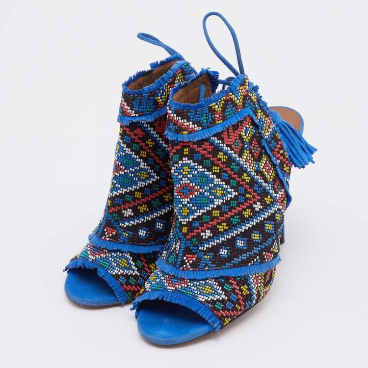 Pre Owned Aquazzura Multicolor Woven Fabric And Raffia Colorado Booties Size 38.5