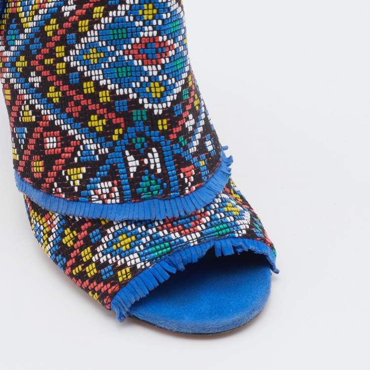 Pre Owned Aquazzura Multicolor Woven Fabric And Raffia Colorado Booties Size 38.5