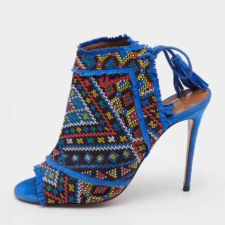 Pre Owned Aquazzura Multicolor Woven Fabric And Raffia Colorado Booties Size 38.5