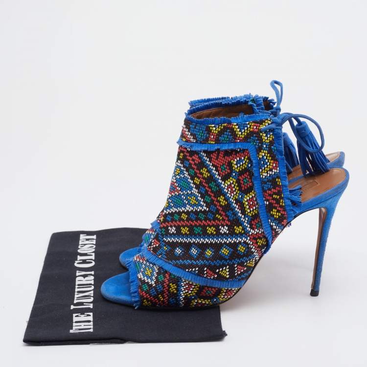 Pre Owned Aquazzura Multicolor Woven Fabric And Raffia Colorado Booties Size 38.5