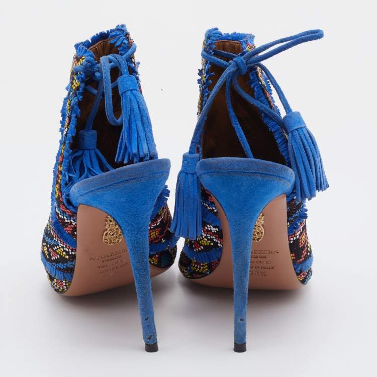 Pre Owned Aquazzura Multicolor Woven Fabric And Raffia Colorado Booties Size 38.5