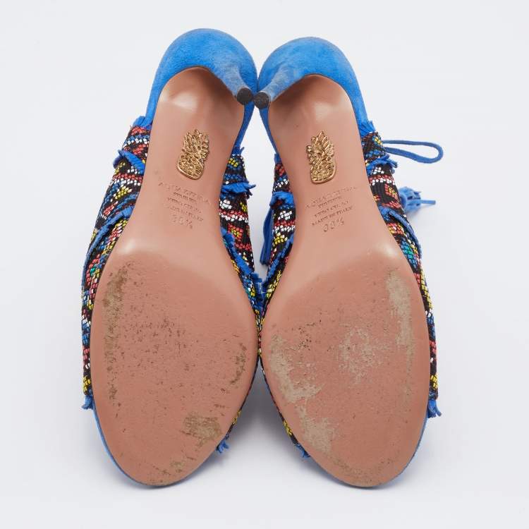Pre Owned Aquazzura Multicolor Woven Fabric And Raffia Colorado Booties Size 38.5