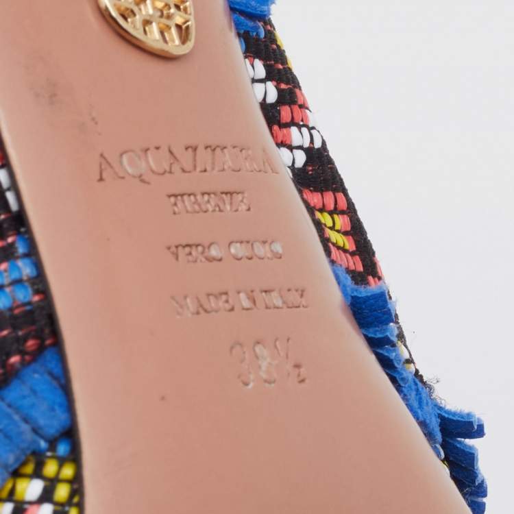 Pre Owned Aquazzura Multicolor Woven Fabric And Raffia Colorado Booties Size 38.5