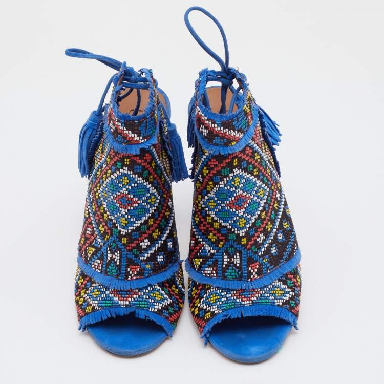 Pre Owned Aquazzura Multicolor Woven Fabric And Raffia Colorado Booties Size 38.5