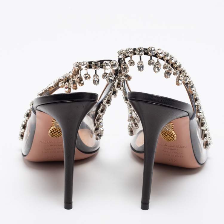 Pre Owned Aquazzura Black Leather and PVC Temptation Sandals Size 35.5