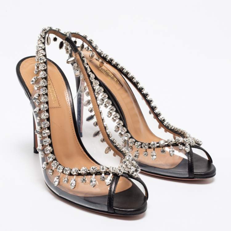 Pre Owned Aquazzura Black Leather and PVC Temptation Sandals Size 35.5