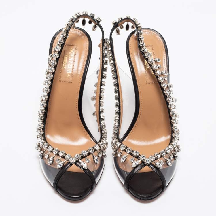 Pre Owned Aquazzura Black Leather and PVC Temptation Sandals Size 35.5
