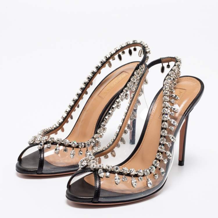 Pre Owned Aquazzura Black Leather and PVC Temptation Sandals Size 35.5